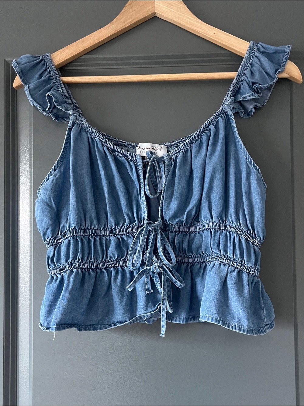 Denim Blue Ruffle Tie-Front Crop Top